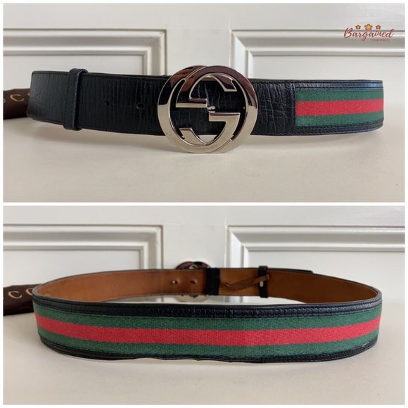 Authentic Gucci Web Green/Red Canvas Silver Interlocking G Buckle Belt 100/40 - Picture 5 of 13